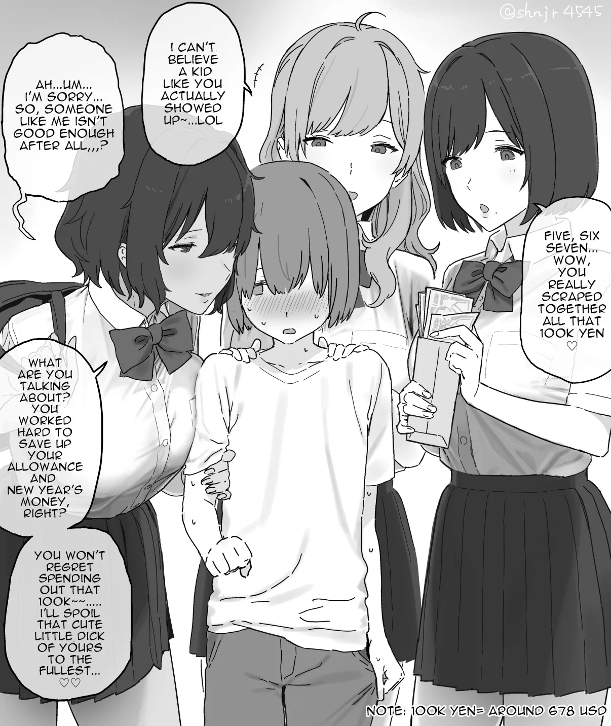 Isshoukenmei tameta okozukai juuman de enjo kousai o boshuu shitara gokuaku oneesan sannin ni me o tsukerarete shimai, tekitou ni shasei saserareta ageku sekkusu mo shite nai noni juuman zengaku fundakureru kawaisou na otoko no ko 1